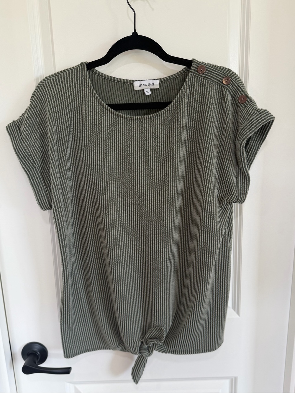 Olive Ribbed Button-Shoulder Tie-Front Tee